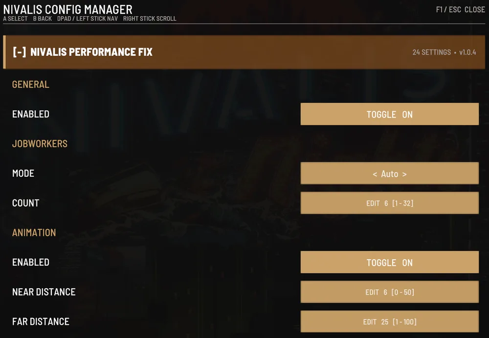 Config Manager showing Performance Fix master switch and JobWorkers mode