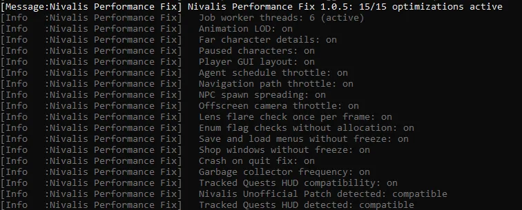 Performance Fix 1.0.5 console showing 15 active optimizations with Tracked Quests HUD