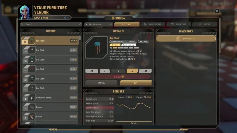 Nivalis Nights furniture trading screen showing Bar Chair entries among the venue seating.