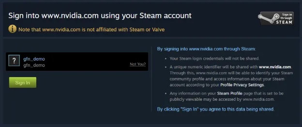 Steam authorization page for signing into NVIDIA, showing a demonstration Steam account.