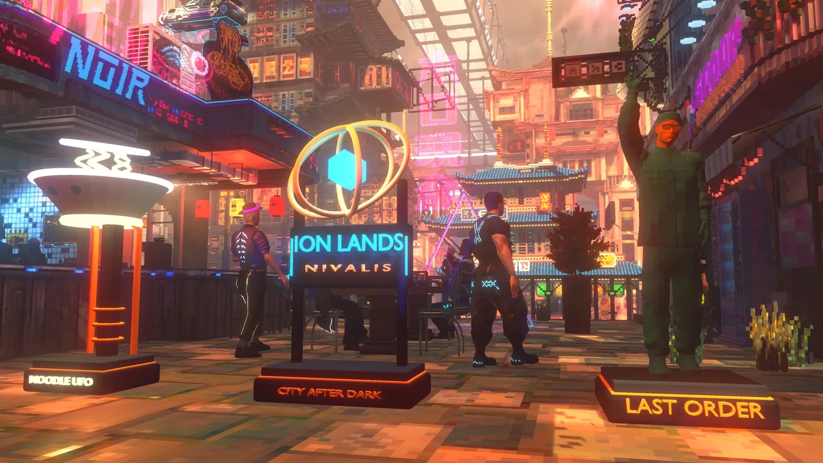 Custom Noodle UFO Lamp, ION LANDS Totem and Last Order Statue displayed in Nivalis Nights.