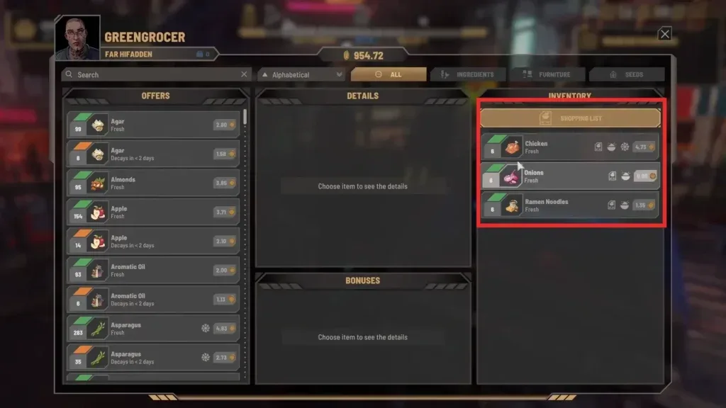 Far Hifadden greengrocer trading window, with Ramen Noodles visible in the player inventory.