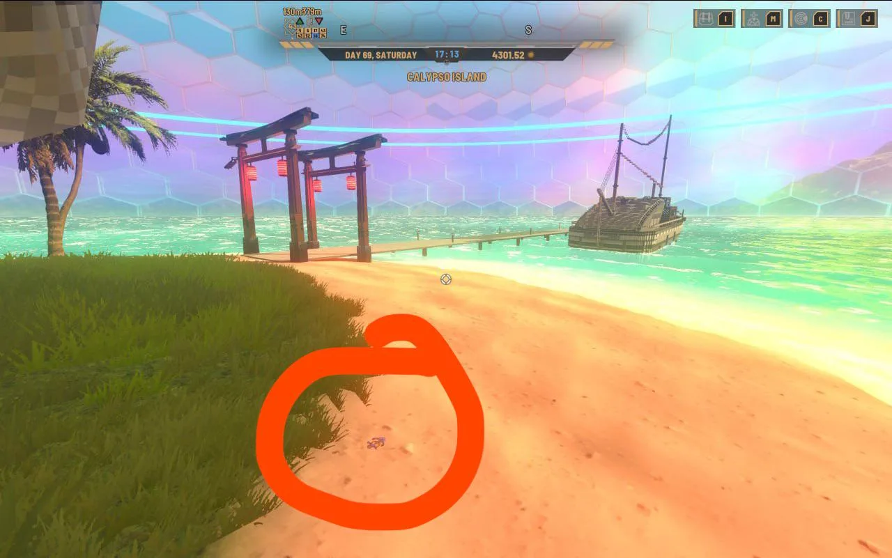 Calypso Island beach beside the grass and dock, with the small blue Anchor Pin circled in red.