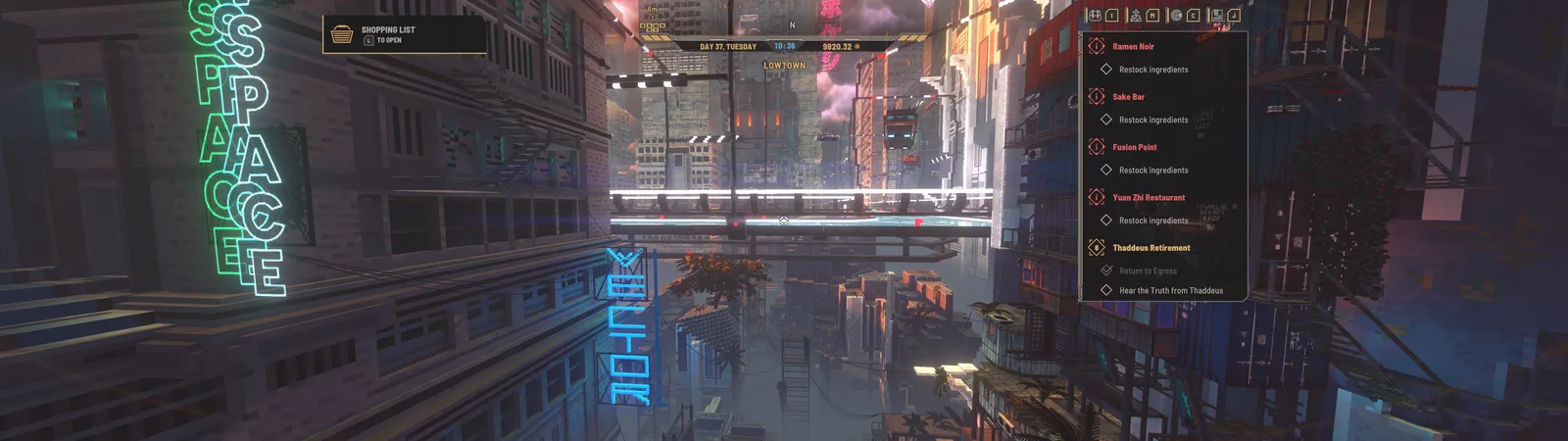 Wide Nivalis Nights gameplay view with the shopping list, compass and quest list inside the central area.