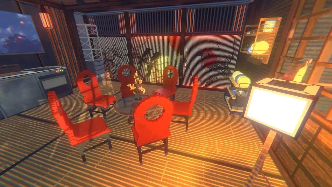 Apartment interior illustration with chairs and an open kitchen