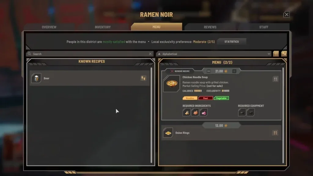 Ramen Noir menu showing the dish price, district preference, ingredients and equipment