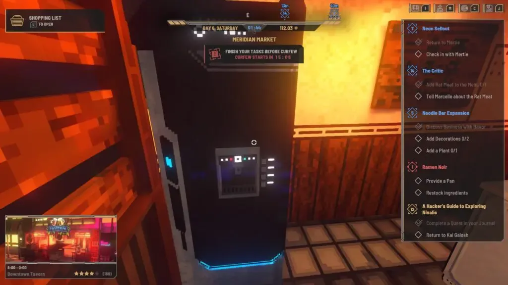 Nivalis Nights HUD clock and curfew countdown above a refrigerator in Meridian Market.