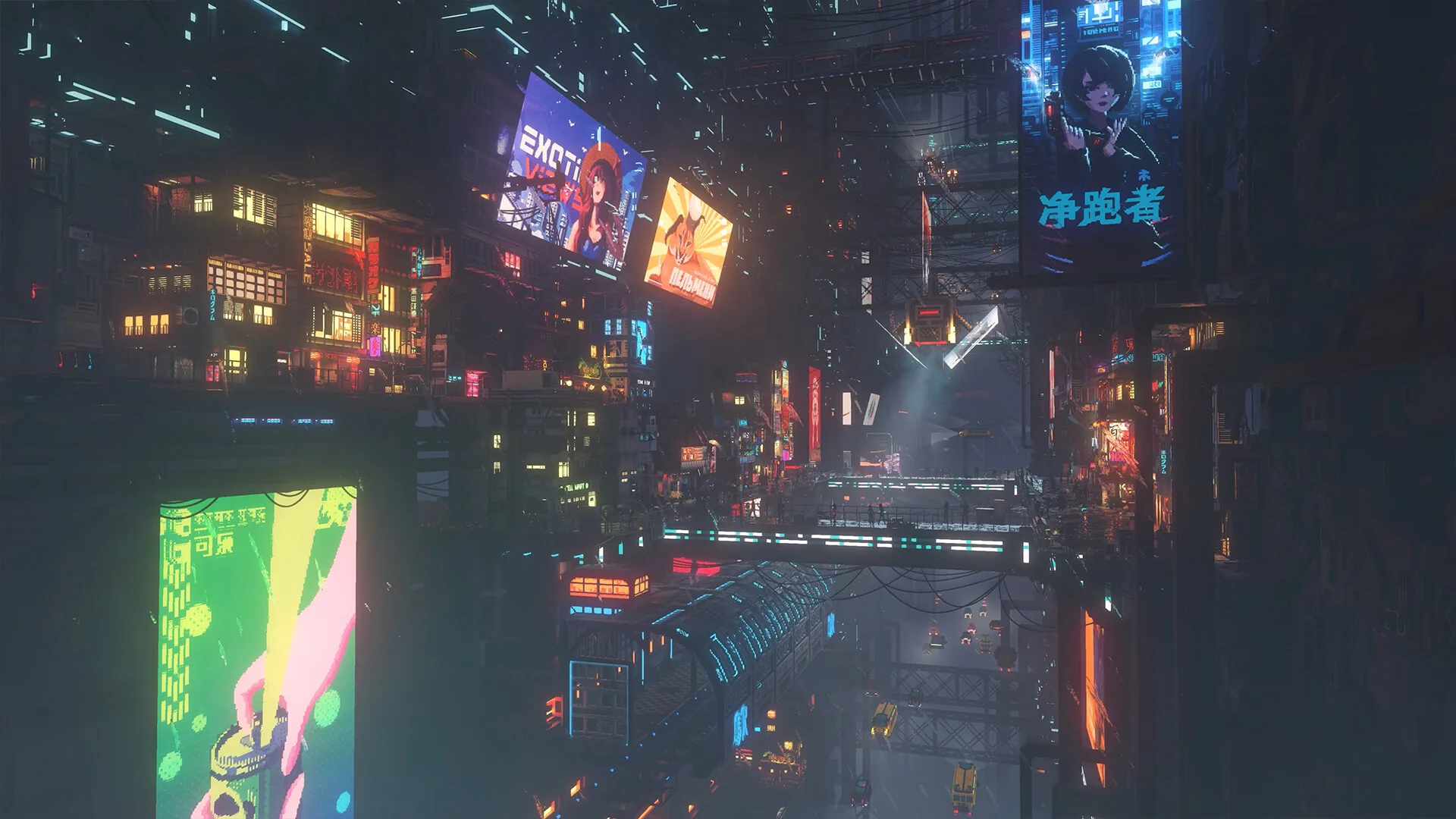 Neon-lit streets and elevated buildings in the cyberpunk city of Nivalis