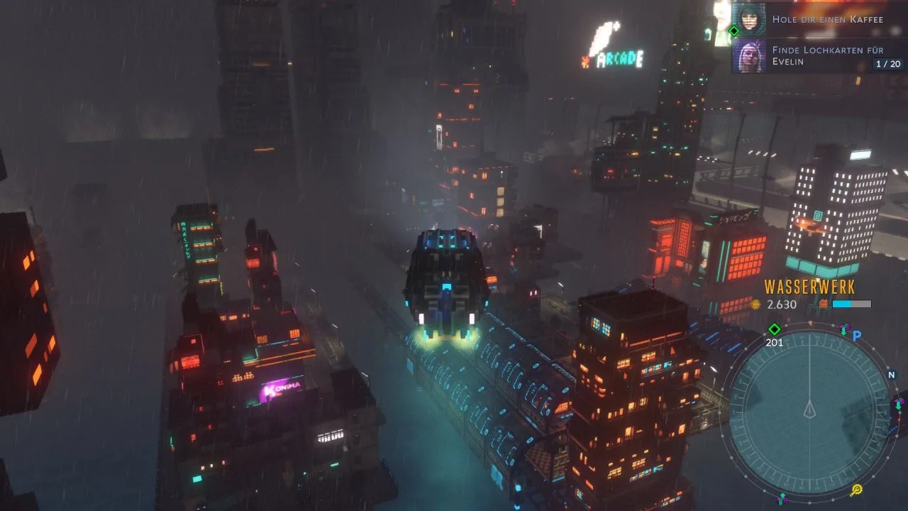 Cloudpunk HOVA flying among city buildings with navigation HUD visible.
