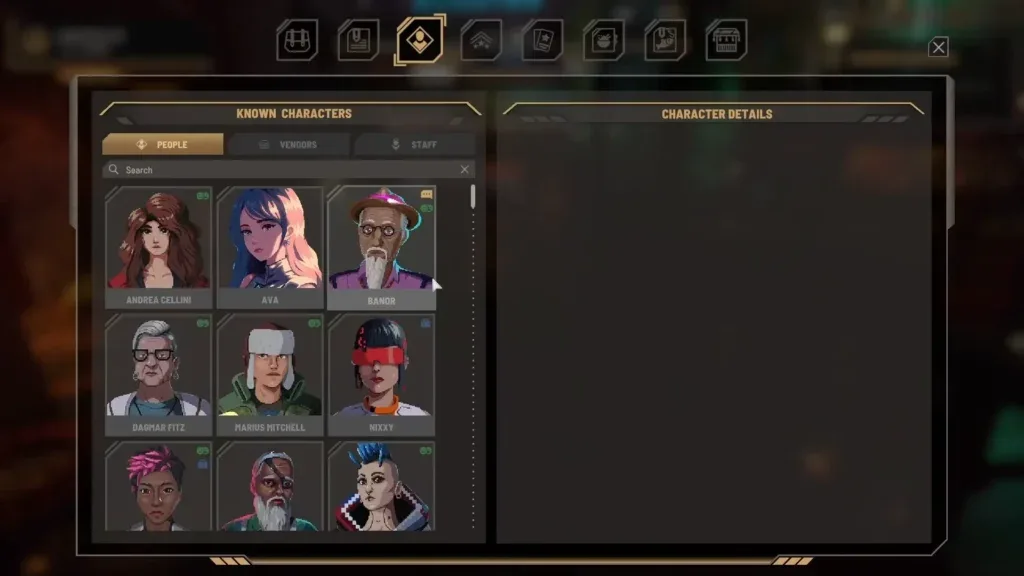Known Characters list showing encountered residents