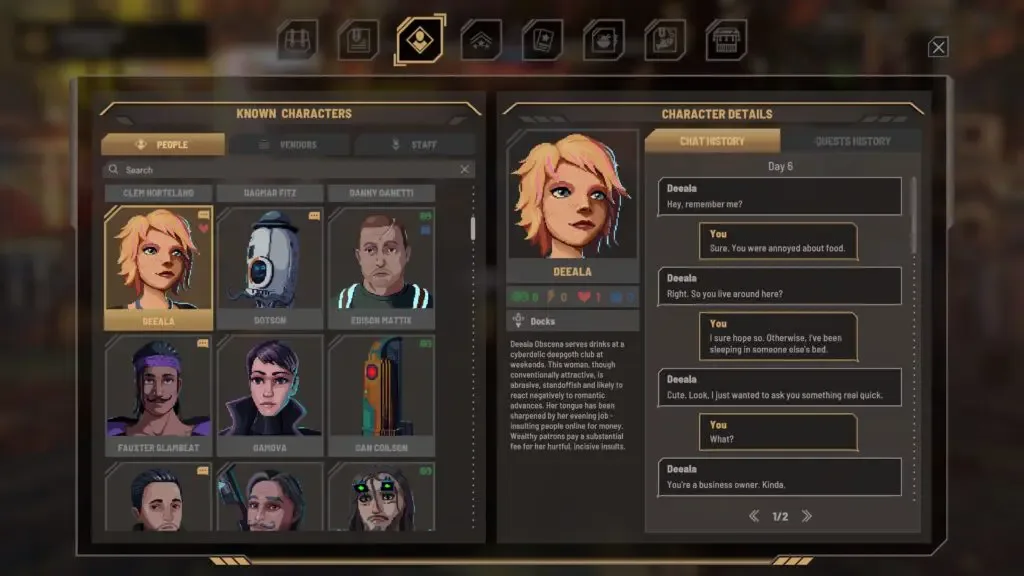 Deeala profile displaying relationship bars and chat history