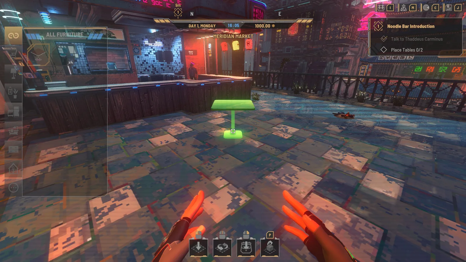 Furniture placement mode with a table preview and placement controls
