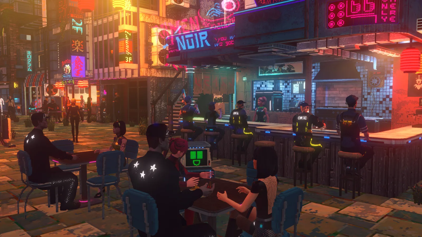 Customers seated at tables and bar stools outside Ramen Noir