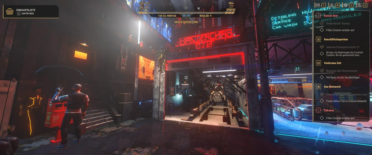 Player screenshot of an Industrial District alley with a chemistry merchant on the left, a red neon sign overhead and a German liquid nitrogen quest objective