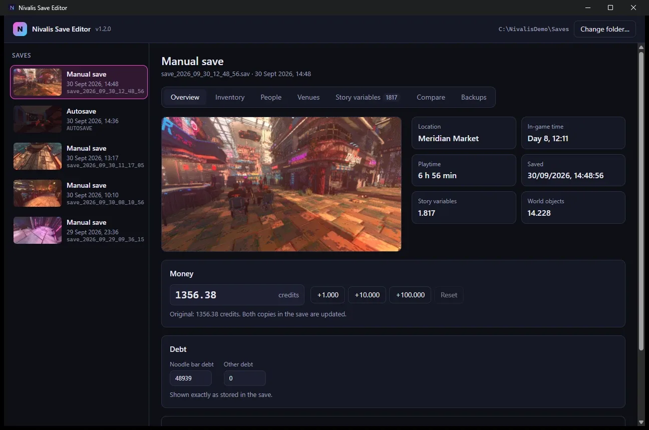 Nivalis Save Editor save browser with location, in-game day and playtime
