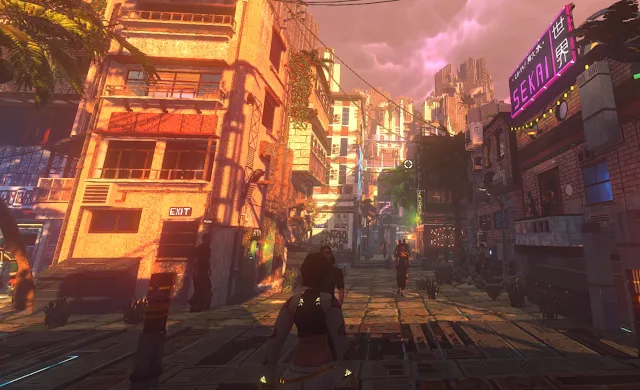 Daylight street showing stylized buildings and a resident together.