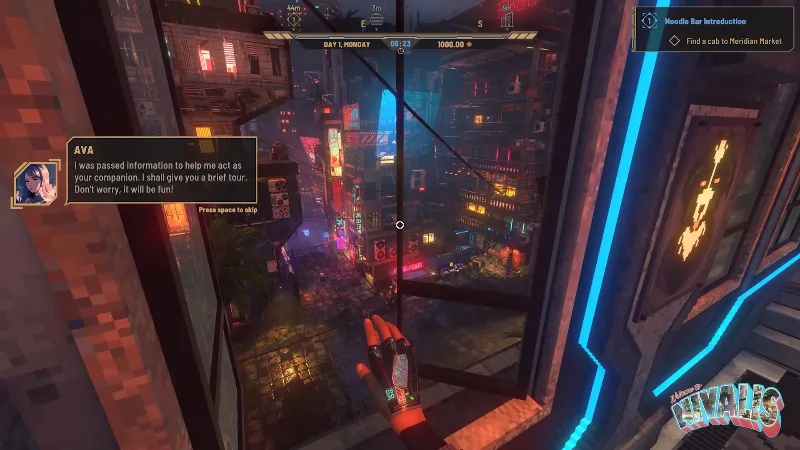 Ava dialogue beside a city window, with the player hand visible.