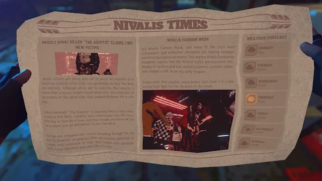 Player hands holding a newspaper in the first-person view.