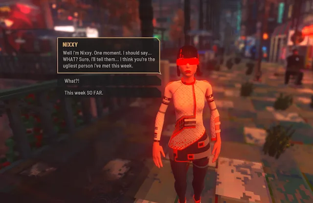 Nixxy standing in the street beside her named dialogue panel.