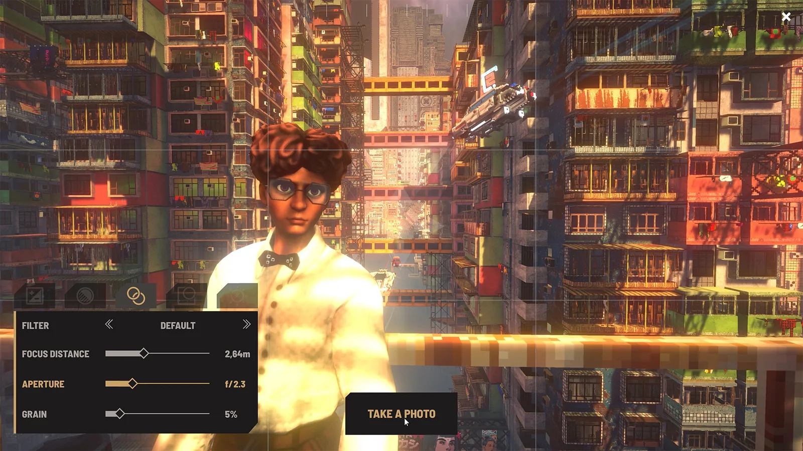Earlier official photo interface showing an NPC with filter, focus, aperture, and grain controls.