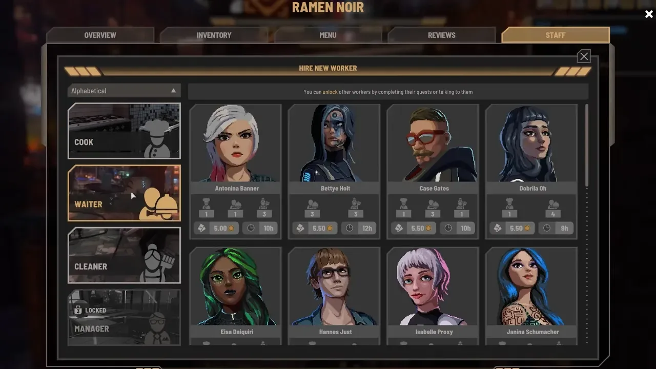 Ramen Noir recruitment screen with waiter candidates, skills, wages, and expected hours.