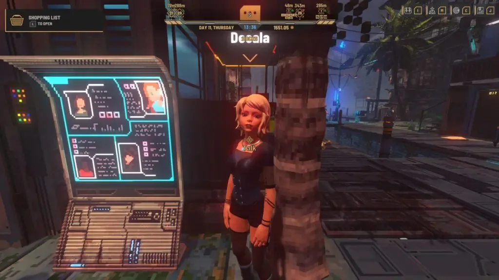 Deeala speaking beside a public terminal in Lowtown