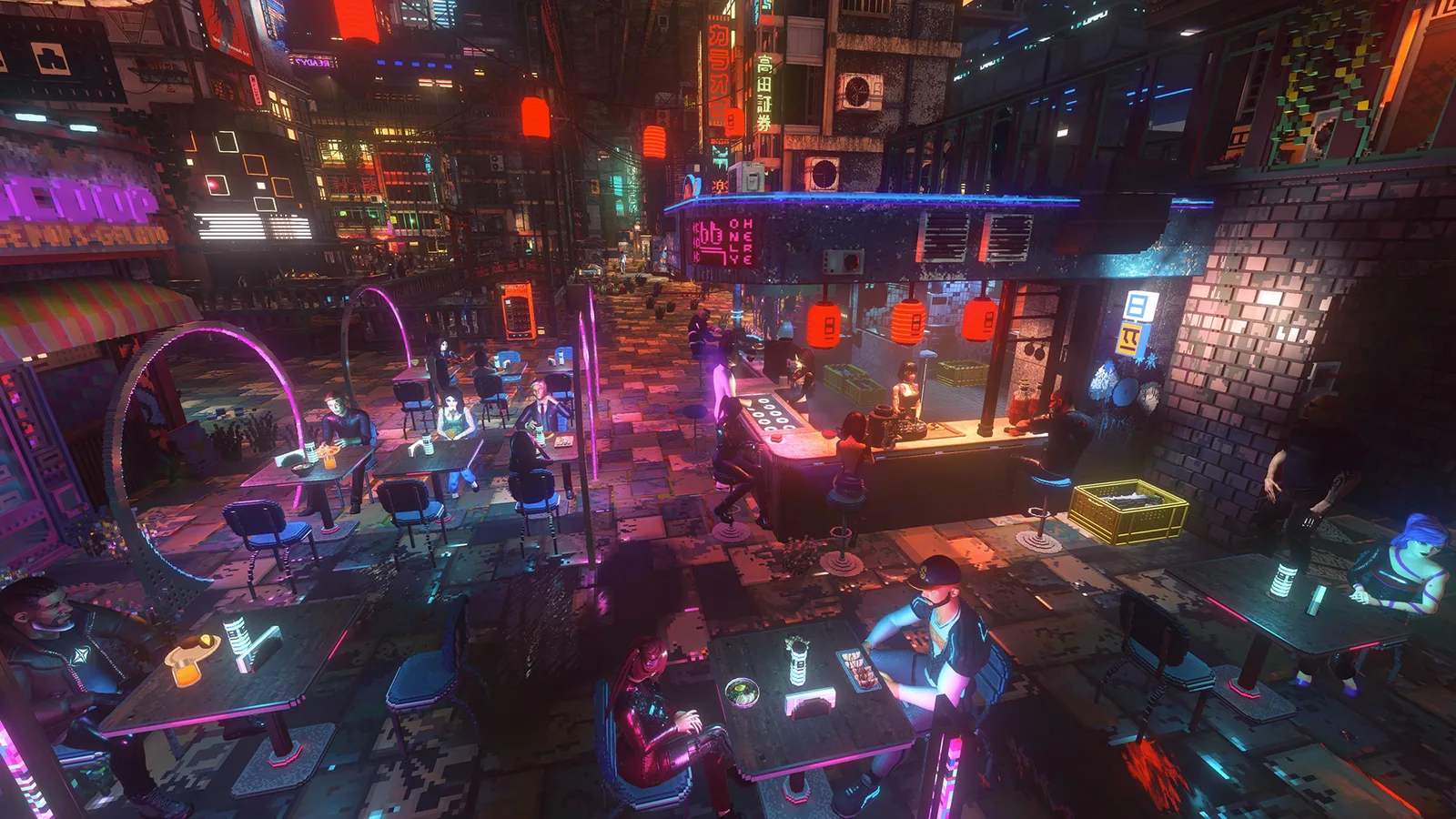 Crowded restaurant interior with seated and standing customers under neon lights