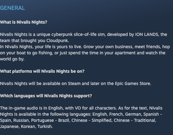 Official Nivalis Nights FAQ showing the Steam and later Epic Games Store statement