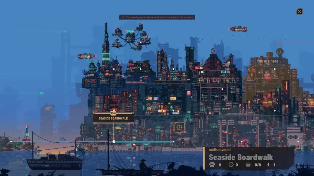 Nivalis city map with Seaside Boardwalk selected and district nodes visible