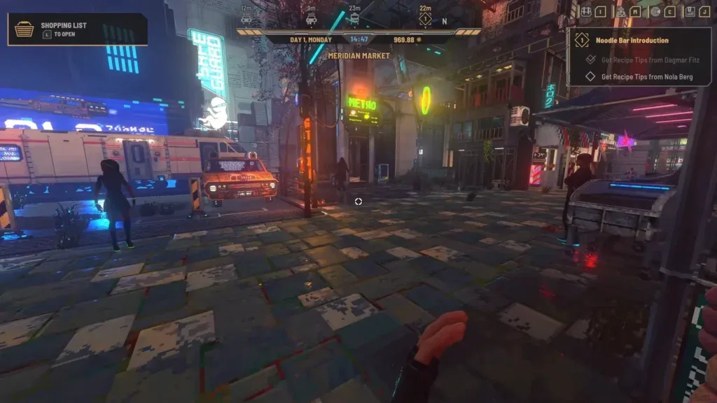 Meridian Market HUD showing the clock and tracked quest objectives