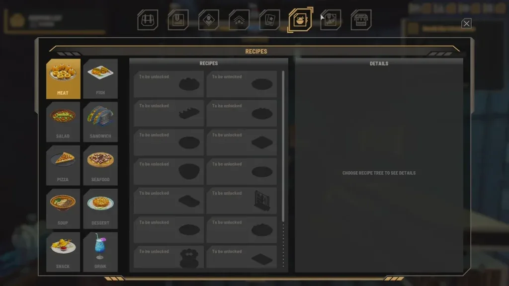 Recipe collection showing food categories and discovered and locked recipe slots