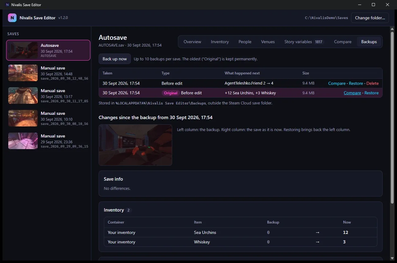 Nivalis Save Editor Backups tab showing saved versions and an inventory comparison