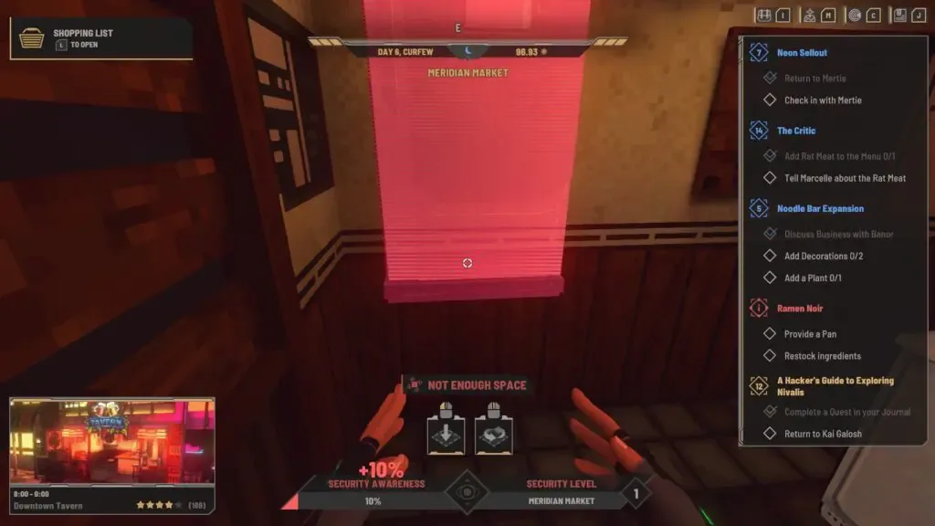 Red object placement preview with a Not Enough Space warning during curfew.