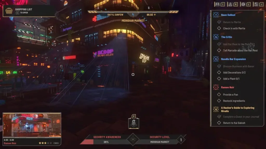 Meridian Market street during curfew with the Security Awareness meter at the bottom of the screen.